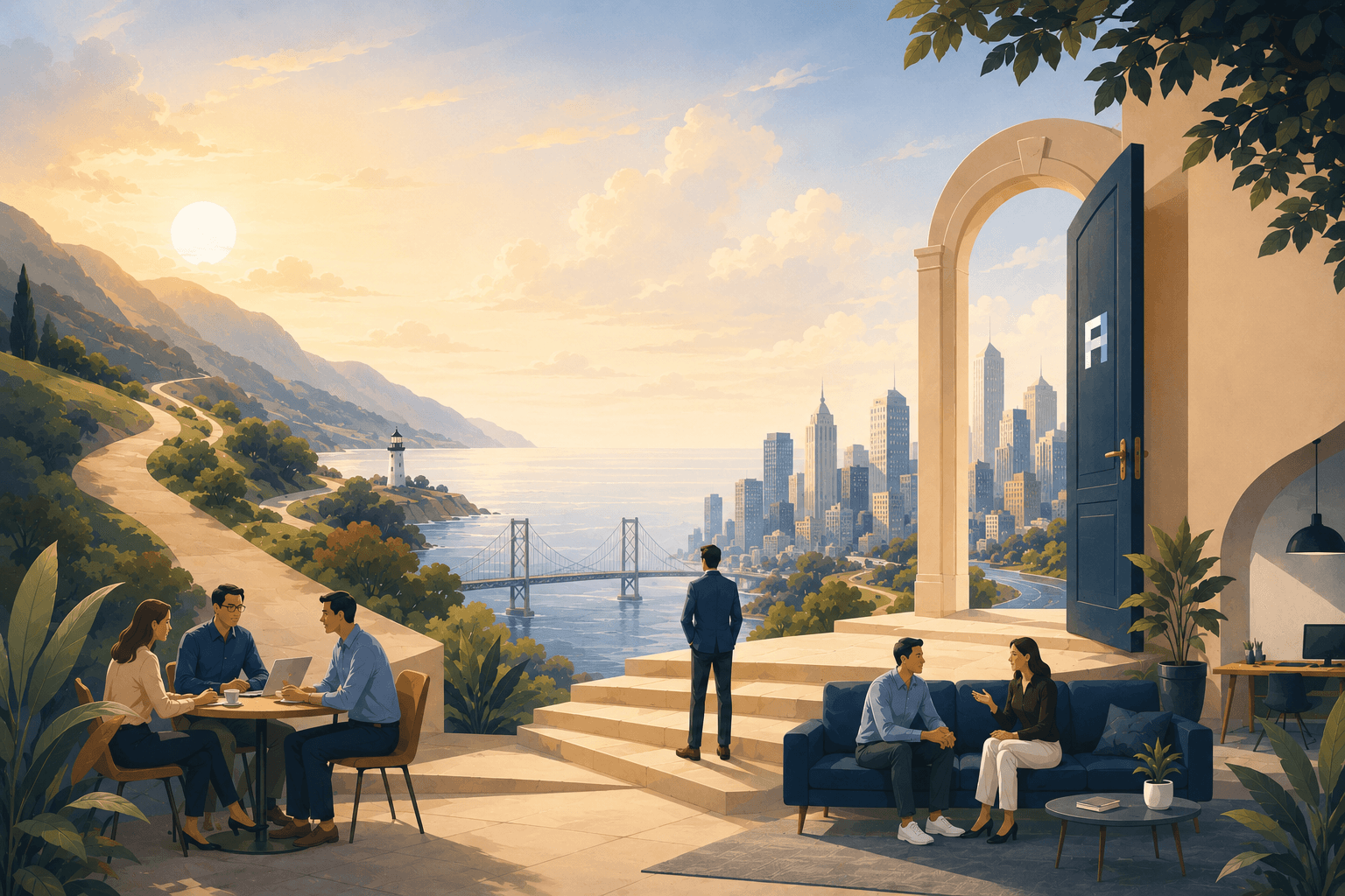 Illustrated landscape showing founders in conversation beside an open doorway overlooking a waterfront skyline.
